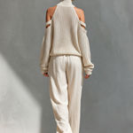 Women's Beige Knit Fabric Cold-Shoulder Turtleneck Top & Wide-Leg Pants Set