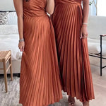 One Shoulder Sleeveless Pleated Satin Maxi Dress