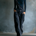 Women's Black Cotton One-shoulder Turtleneck Top And Blue-grey Denim Loose-fitting Overalls Set