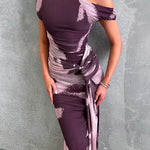 Asymmetrical Shoulder Draped Front Printed Maxi Dress