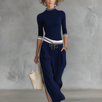 Women's Sports Half-high-neck Long-sleeved T-shirt Drawstring Wide-leg Pants Two-piece Set