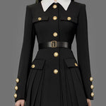 Elasticated Waist Long Sleeves Belted Buttoned Contrast Color Pleated Single-Breasted Lapel Mini Dresses Shirt Dress
