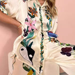 Half Sleeves Loose Buttoned Flower Print Pockets Lapel T-Shirt Top + Drawstring Elasticity Pants Bottom Two Pieces Set