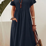 High Waisted Loose Pleated Pockets Solid Color Split-Joint Round-Neck Midi Dresses