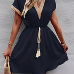 A-Line Elasticated Waist Contrast Color Drawstring Hollow Split-Joint Tasseled Tied V-Neck Mini Dresses