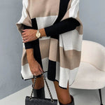 Hughes Color Block Plaid Mock Neck Cape Loose Sweater