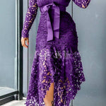 High-neck lace bow tie irregular long skirt