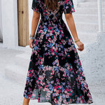 A-Line Elasticated Waist Contrast Color Flower Print Pleated Split-Joint V-Neck Maxi Dresses