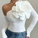 Long Sleeves Skinny Solid Color Three-Dimensional Flower One-Shoulder T-Shirts Tops