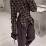 Vintage Plaid Shoulder Pad Buttons Long Sleeve Angled Hem Shirt