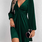 A-Line High Waisted Knot Pleated Solid Color Split-Joint Velvet Deep V-Neck Mini Dresses