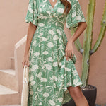 A-Line Half Sleeves Buttoned Contrast Color Pleated V-Neck Midi Dresses