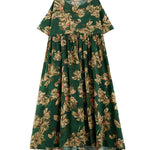 Half Sleeves Loose Flower Print Pleated Pockets Round-neck Midi Dresses