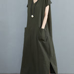 Simple Ramie Cotton Solid Color Split-Side With Pocket V-Neck Short Sleeves Maxi Dress