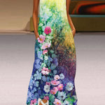 A-Line Loose Flower Print Round-Neck Maxi Dresses
