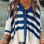 Stripe V Neck Buttoned High Low Cardigan