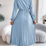 Elasticated Waist High Waisted Pleated Solid Color V-Neck Midi Dresses