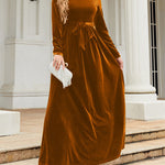 Long Sleeves Wrap Belted Pleated Solid Color Zipper Round-Neck Maxi Dresses
