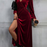 High Waisted Long Sleeves Solid Color Split-Side Tied Waist Velvet Deep V-Neck Maxi Dresses