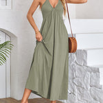 A-Line Loose Pleated Solid Color Split-Joint Deep V-Neck Maxi Dresses