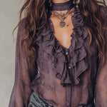 Vintage Paisley Print Ruffled Collar Chiffon Blouse