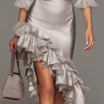 Ruffled Satin Asymmetrical Hem Midi Dress