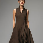 Women's Dark Brown Linen Dress  With High-Low Hem & Side Pockets, Timeless Avant-Garde-Casual Style Dress