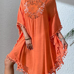 Batwing Sleeves Loose Hollow Solid Color Sun Protection Tasseled Round-Neck Cover-Ups Tops Midi Dresses