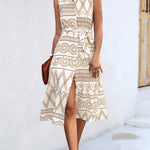 Sleeveless Buttoned Printed Tied Waist Lapel Collar Midi Dresses