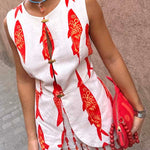 Good Luck Linen Blend Koi Pattern Metal Buttons Waisted Vest