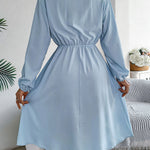 A-line Long Sleeves Buttoned Pleated Solid Color Tied Lapel Midi Dresses Shirt Dress