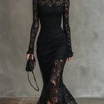 Elegant Party Black Stretch Lace Fishtail Maxi Dress