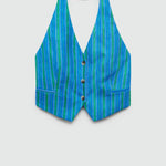Linen Blend Striped Button Halter Backless Vest and Elastic Waist Pocket Pants Set