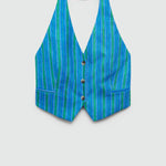 Linen Blend Striped Button Halter Backless Vest and Elastic Waist Pocket Pants Set