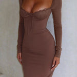 Bodycon High Waisted Bow-Embellished Solid Color Split-Joint Tied Square-Neck Maxi Dresses