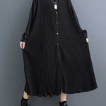 A-Line Long Sleeves Buttoned Pleated Pockets Split-Joint Lapel Midi Dresses Shirt Dress