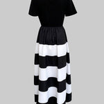 A-Line High Waisted Contrast Color Pleated Pockets Round-Neck Maxi Dresses