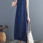 A-Line Loose Buttoned Pleated Solid Color Round-Neck Midi Dresses