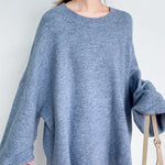 Stretch Mohair-Blend Balloon Sleeves Loose Solid Round-Neck Sweater Tops