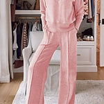 Weather Gets Cold Solid Color V-neck Top and Elastic Waist Pocketed Lounge Pants Set