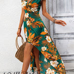 High-Low Loose Flower Print Split-Joint V-Neck Maxi Dresses
