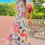 A-Line High Waisted Contrast Color Pleated Printed Ruffled Split-Joint Square-Neck Midi Dresses