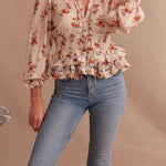 V-Neck Floral Print Waist-Cinched Ruffle Blouse
