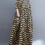 Loose Short Sleeves Plaid Round-Neck Midi Dresses