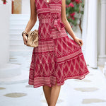 Sleeveless Buttoned Printed Tied Waist Lapel Collar Midi Dresses