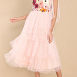 Midnight Garden Embroidered Floral Applique One Shoulder Tiered Tulle Midi Dress