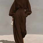 Women's Chocolate Woven Set With Puff Sleeve Turtleneck & Wide-Leg Pants, Timeless Luxe-Chic Style Set