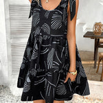 A-Line Loose Contrast Color Pleated Pockets Printed Tied Spaghetti-Neck Mini Dresses