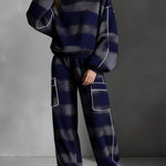 Long Sleeves Loose Contrast Color Line Split-Joint Striped Round-Neck Sweatershirt