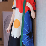 A-Line Loose Buttoned Flower Print Pleated Round-Neck Midi Dresses